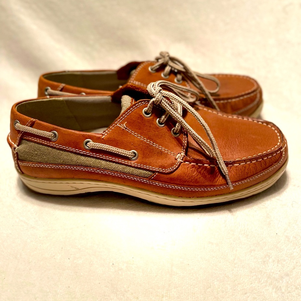 Chaps Schooner Lt Brown Leather Canvas Slip-On Cushioned Boat Shoes Men's US 11